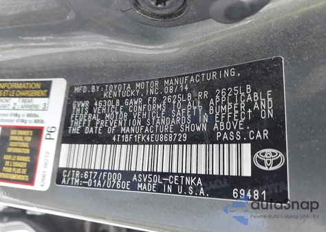 2014 Toyota Camry Le z USA, uszkodzony, nr VIN 4T1BF1FK4EU868729